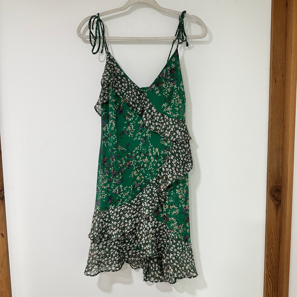 ASTR The Label Green Floral Ruffle Mini Dress Womens Small ADR100336 Tie Strap